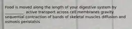Food is moved along the length of your digestive system by __________. active transport across cell membranes gravity sequential contraction of bands of skeletal muscles diffusion and osmosis peristalsis