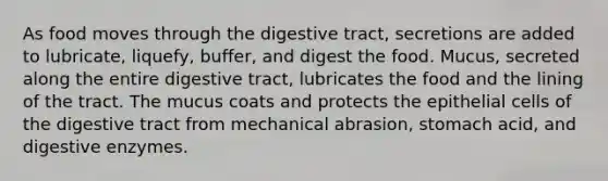 As food moves through the digestive tract, secretions are added to lubricate, liquefy, buffer, and digest the food. Mucus, secreted along the entire digestive tract, lubricates the food and the lining of the tract. The mucus coats and protects the epithelial cells of the digestive tract from mechanical abrasion, stomach acid, and <a href='https://www.questionai.com/knowledge/kK14poSlmL-digestive-enzymes' class='anchor-knowledge'>digestive enzymes</a>.