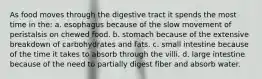 As food moves through the digestive tract it spends the most time in the: a. esophagus because of the slow movement of peristalsis on chewed food. b. stomach because of the extensive breakdown of carbohydrates and fats. c. small intestine because of the time it takes to absorb through the villi. d. large intestine because of the need to partially digest fiber and absorb water.