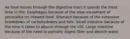 As food moves through the digestive tract it spends the most time in the: Esophagus because of the slow movement of peristalsis on chewed food. Stomach because of the extensive breakdown of carbohydrates and fats. Small intestine because of the time it takes to absorb through the villi. Large intestine because of the need to partially digest fiber and absorb water.