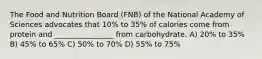 The Food and Nutrition Board (FNB) of the National Academy of Sciences advocates that 10% to 35% of calories come from protein and ________________ from carbohydrate. A) 20% to 35% B) 45% to 65% C) 50% to 70% D) 55% to 75%