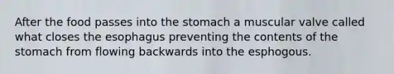 After the food passes into the stomach a muscular valve called what closes the esophagus preventing the contents of the stomach from flowing backwards into the esphogous.