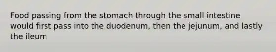 Food passing from the stomach through the small intestine would first pass into the duodenum, then the jejunum, and lastly the ileum