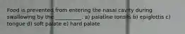 Food is prevented from entering the nasal cavity during swallowing by the __________. a) palatine tonsils b) epiglottis c) tongue d) soft palate e) hard palate