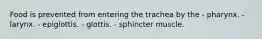 Food is prevented from entering the trachea by the - pharynx. - larynx. - epiglottis. - glottis. - sphincter muscle.