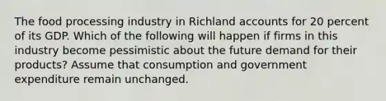 The food processing industry in Richland accounts for 20 percent of its GDP. Which of the following will happen if firms in this industry become pessimistic about the future demand for their products? Assume that consumption and government expenditure remain unchanged.