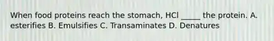 When food proteins reach the stomach, HCl _____ the protein. A. esterifies B. Emulsifies C. Transaminates D. Denatures