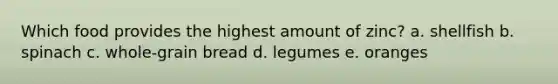 Which food provides the highest amount of zinc?​ a. ​shellfish b. ​spinach c. ​whole-grain bread d. ​legumes e. ​oranges