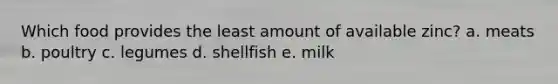 Which food provides the least amount of available zinc?​ a. ​meats b. ​poultry c. ​legumes d. ​shellfish e. ​milk