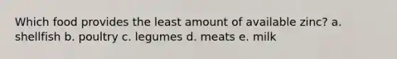 Which food provides the least amount of available zinc? a. shellfish b. poultry c. legumes d. meats e. milk