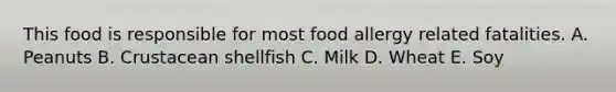 This food is responsible for most food allergy related fatalities. A. Peanuts B. Crustacean shellfish C. Milk D. Wheat E. Soy