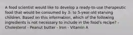 A food scientist would like to develop a ready-to-use therapeutic food that would be consumed by 3- to 5-year-old starving children. Based on this information, which of the following ingredients is not necessary to include in the food's recipe? - Cholesterol - Peanut butter - Iron - Vitamin A