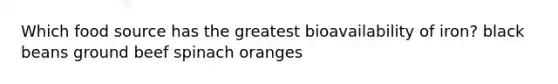 Which food source has the greatest bioavailability of iron? black beans ground beef spinach oranges