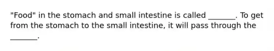 "Food" in the stomach and small intestine is called _______. To get from the stomach to the small intestine, it will pass through the _______.