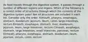 As food travels through the digestive system, it passes through a number of different regions and organs. Which of the following is a correct order of structures through which the contents of the digestive system pass? Not all structures are included in each list. Consider only the order. A)mouth, pharynx, esophagus, stomach, duodenum, jejunum, ileum, colon, large intestines, rectum B)mouth, esophagus, stomach, liver, duodenum, jejunum, ileum, large intestines, rectum C)mouth, esophagus, stomach, large intestines, small intestines, pancreas, rectum D)mouth, pharynx, esophagus, stomach, duodenum, ileum, jejunum, cecum, colon, rectum