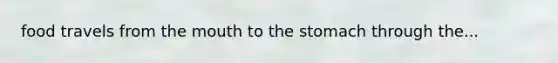 food travels from <a href='https://www.questionai.com/knowledge/krBoWYDU6j-the-mouth' class='anchor-knowledge'>the mouth</a> to <a href='https://www.questionai.com/knowledge/kLccSGjkt8-the-stomach' class='anchor-knowledge'>the stomach</a> through the...