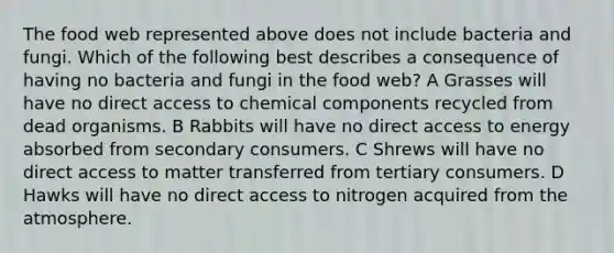 The food web represented above does not include bacteria and fungi. Which of the following best describes a consequence of having no bacteria and fungi in the food web? A Grasses will have no direct access to chemical components recycled from dead organisms. B Rabbits will have no direct access to energy absorbed from secondary consumers. C Shrews will have no direct access to matter transferred from tertiary consumers. D Hawks will have no direct access to nitrogen acquired from the atmosphere.