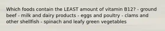 Which foods contain the LEAST amount of vitamin B12? - ground beef - milk and dairy products - eggs and poultry - clams and other shellfish - spinach and leafy green vegetables