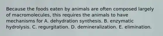 Because the foods eaten by animals are often composed largely of macromolecules, this requires the animals to have mechanisms for A. dehydration synthesis. B. enzymatic hydrolysis. C. regurgitation. D. demineralization. E. elimination.