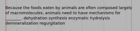 Because the foods eaten by animals are often composed largely of macromolecules, animals need to have mechanisms for ________. dehydration synthesis enzymatic hydrolysis demineralization regurgitation