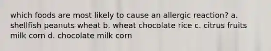 which foods are most likely to cause an allergic reaction? a. shellfish peanuts wheat b. wheat chocolate rice c. citrus fruits milk corn d. chocolate milk corn