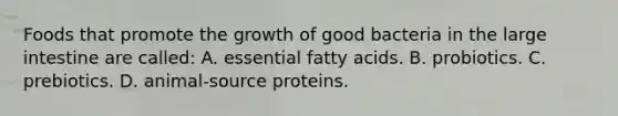 Foods that promote the growth of good bacteria in the large intestine are called: A. essential fatty acids. B. probiotics. C. prebiotics. D. animal-source proteins.