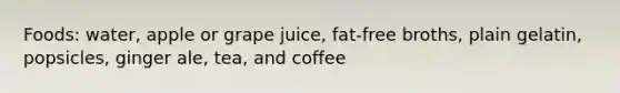 Foods: water, apple or grape juice, fat-free broths, plain gelatin, popsicles, ginger ale, tea, and coffee