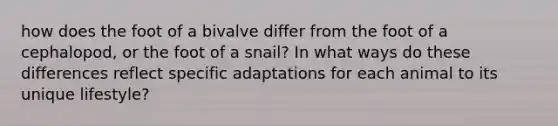 how does the foot of a bivalve differ from the foot of a cephalopod, or the foot of a snail? In what ways do these differences reflect specific adaptations for each animal to its unique lifestyle?