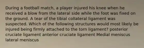 During a football match, a player injured his knee when he received a blow from the lateral side while the foot was fixed on the ground. A tear of the tibial collateral ligament was suspected. Which of the following structures would most likely be injured being firmly attached to the torn ligament? posterior cruciate ligament anterior cruciate ligament Medial meniscus lateral meniscus