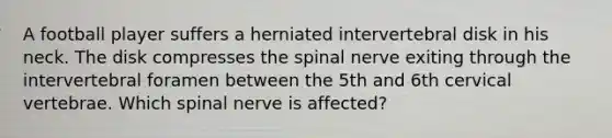 A football player suffers a herniated intervertebral disk in his neck. The disk compresses the spinal nerve exiting through the intervertebral foramen between the 5th and 6th cervical vertebrae. Which spinal nerve is affected?