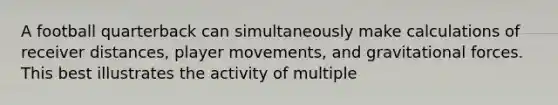 A football quarterback can simultaneously make calculations of receiver distances, player movements, and gravitational forces. This best illustrates the activity of multiple