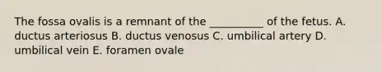 The fossa ovalis is a remnant of the __________ of the fetus. A. ductus arteriosus B. ductus venosus C. umbilical artery D. umbilical vein E. foramen ovale