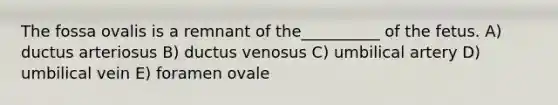 The fossa ovalis is a remnant of the__________ of the fetus. A) ductus arteriosus B) ductus venosus C) umbilical artery D) umbilical vein E) foramen ovale