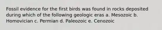 Fossil evidence for the first birds was found in rocks deposited during which of the following geologic eras a. Mesozoic b. Homovician c. Permian d. Paleozoic e. Cenozoic