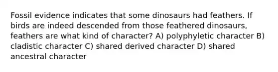 Fossil evidence indicates that some dinosaurs had feathers. If birds are indeed descended from those feathered dinosaurs, feathers are what kind of character? A) polyphyletic character B) cladistic character C) shared derived character D) shared ancestral character