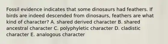 Fossil evidence indicates that some dinosaurs had feathers. If birds are indeed descended from dinosaurs, feathers are what kind of character? A. shared derived character B. shared ancestral character C. polyphyletic character D. cladistic character E. analogous character