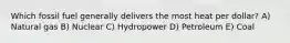 Which fossil fuel generally delivers the most heat per dollar? A) Natural gas B) Nuclear C) Hydropower D) Petroleum E) Coal