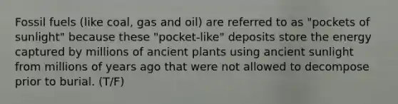 Fossil fuels (like coal, gas and oil) are referred to as "pockets of sunlight" because these "pocket-like" deposits store the energy captured by millions of ancient plants using ancient sunlight from millions of years ago that were not allowed to decompose prior to burial. (T/F)