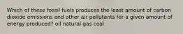 Which of these fossil fuels produces the least amount of carbon dioxide emissions and other air pollutants for a given amount of energy produced? oil natural gas coal