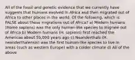 All of the fossil and genetic evidence that we currently have suggests that humans evolved in Africa and then migrated out of Africa to other places in the world. Of the following, which is FALSE about these migrations out of Africa? a) Modern humans (Homo sapiens) was the only human-like species to migrate out of Africa b) Modern humans (H. sapiens) first reached the Americas about 55,000 years ago c) Neanderthals (H. neanderthalensis) was the first human-like species to live in areas (such as western Europe) with a colder climate d) All of the above