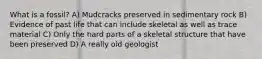 What is a fossil? A) Mudcracks preserved in sedimentary rock B) Evidence of past life that can include skeletal as well as trace material C) Only the hard parts of a skeletal structure that have been preserved D) A really old geologist