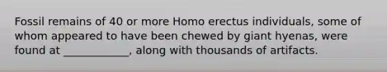 Fossil remains of 40 or more Homo erectus individuals, some of whom appeared to have been chewed by giant hyenas, were found at ____________, along with thousands of artifacts.