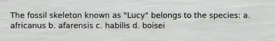 The fossil skeleton known as "Lucy" belongs to the species: a. africanus b. afarensis c. habilis d. boisei