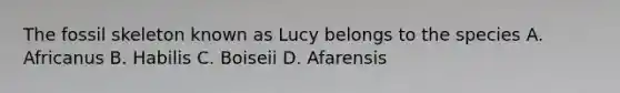 The fossil skeleton known as Lucy belongs to the species A. Africanus B. Habilis C. Boiseii D. Afarensis
