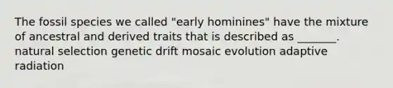 The fossil species we called "early hominines" have the mixture of ancestral and derived traits that is described as _______. natural selection genetic drift mosaic evolution adaptive radiation