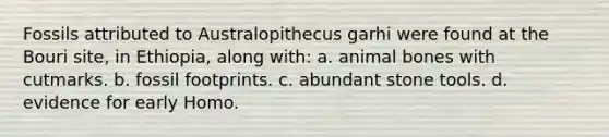 Fossils attributed to Australopithecus garhi were found at the Bouri site, in Ethiopia, along with: a. animal bones with cutmarks. b. fossil footprints. c. abundant stone tools. d. evidence for early Homo.