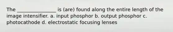 The ________________ is (are) found along the entire length of the image intensifier. a. input phosphor b. output phosphor c. photocathode d. electrostatic focusing lenses