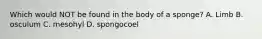 Which would NOT be found in the body of a sponge? A. Limb B. osculum C. mesohyl D. spongocoel