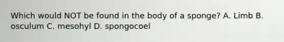 Which would NOT be found in the body of a sponge? A. Limb B. osculum C. mesohyl D. spongocoel