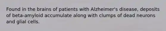 Found in the brains of patients with Alzheimer's disease, deposits of beta-amyloid accumulate along with clumps of dead neurons and glial cells.